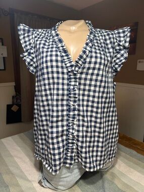 J. Crew Factory Navy and White Gingham Ruffle Sleeve Blouse- Cotton- Large